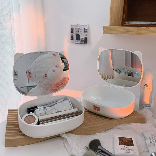 ins風梳妝臺鏡子折疊化妝鏡女帶收納盒學生宿舍臺式桌面家用小型