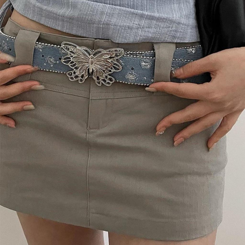 ??????｜蝴蝶扣牛仔布皮帶女辣妹小眾個性按扣腰帶女學生百搭韓版ins配飾
