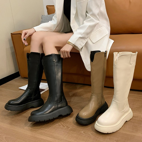 時尚長靴女2021春秋新款厚底長筒小個子煙筒靴炸街中筒騎士靴子潮