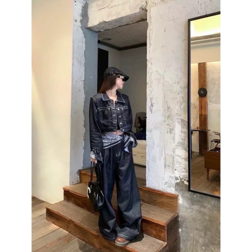 LOVEYAN➰ 2025新款秋冬款韓版休閒牛仔套裝百搭設計感牛仔外套闊腿褲兩件套