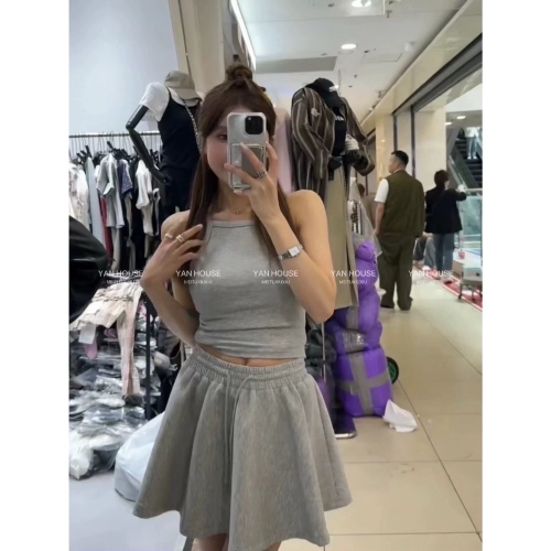 LOVEYAN➰ 圓領毛開衫吊帶裸肩背心系帶散擺半身裙