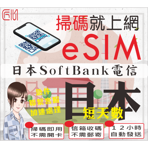 ├匠心_eSIM┤日本SoftBank 短天數 京阪神 北海道 關西 九州 日本網卡 日本上網卡 日本SIM卡