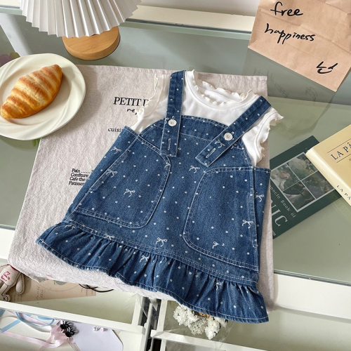 [CCbaby]韓版女童點點蝴蝶結牛仔吊帶裙含內搭衣-預購