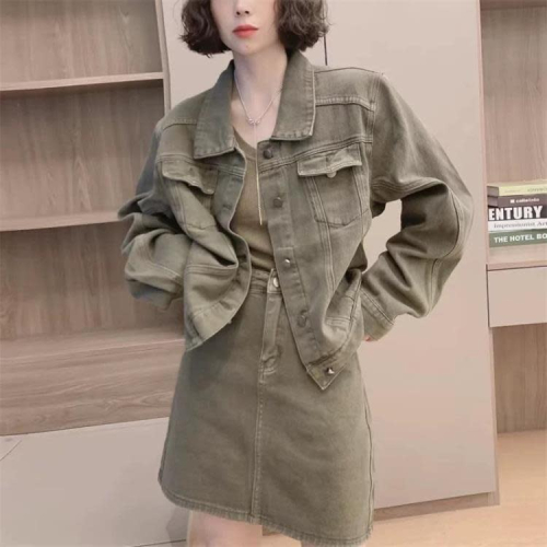 DearGod正韓女裝歐洲站2022早秋歐貨工裝風牛仔套裝裙長袖軍綠牛仔外套短裙兩件套