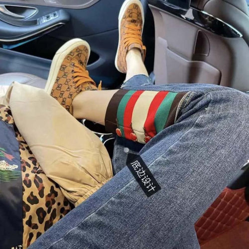歐洲站愛心扣拼接條紋高腰牛仔褲女秋新品直筒顯瘦九分煙管褲