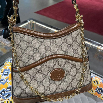 二手99新GUCCI 古馳女包經典老花Logo扁水桶包帆布牛皮鏈條單肩包手提包