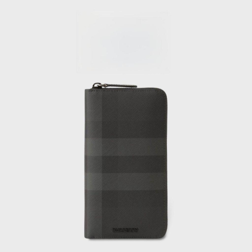 Bur Check zip wallet charcoal gray炭灰色格紋拉鍊錢夾｜品牌字母立體徽標皮革拉鍊長夾