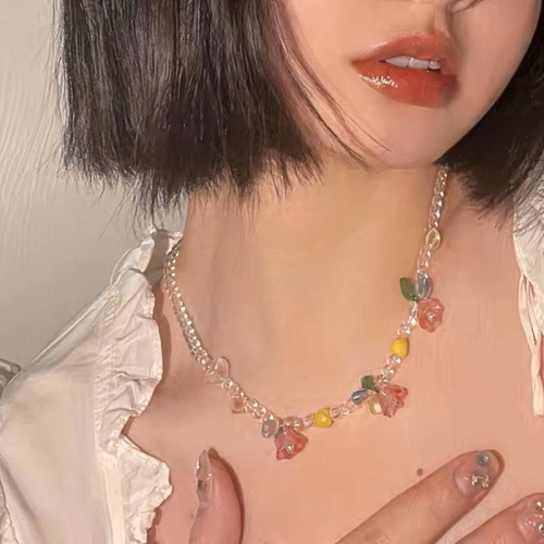 ????????｜現貨｜少女心事 粉色風鈴草琉璃花朵森系清新甜美彩色可愛水晶串珠項鍊