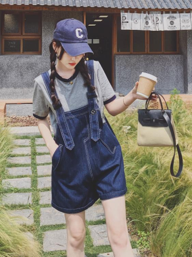 DearGod正韓女裝歐洲站短款牛仔背帶褲女奶系減齡兩件套夏季新款小個子正韓吊帶褲