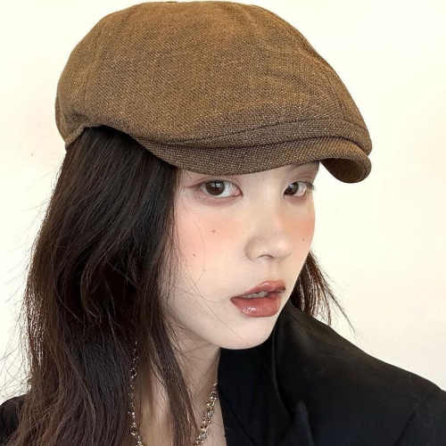 ??????｜復古咖啡色英倫風透氣棉麻貝雷帽前進帽