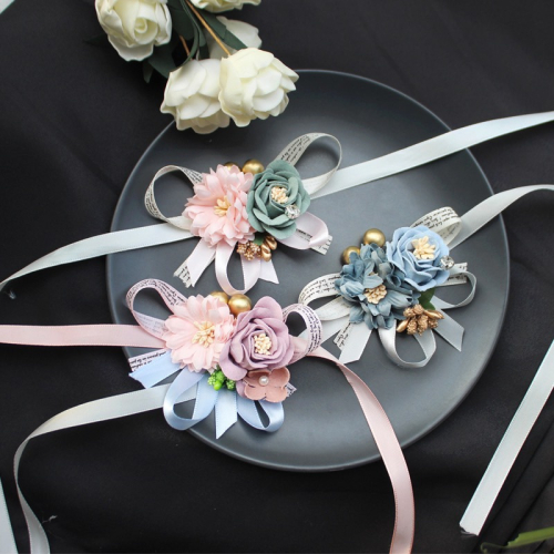 韓式 雙色花朵 ?蝴蝶結 手腕花 婚禮 伴娘