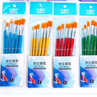 多頭木製筆桿 水彩丙烯筆刷 美術繪畫筆 尼龍毛油畫筆套裝 學生美術工具 6枝入