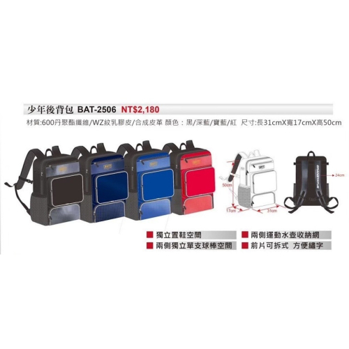 《棒壘用品優惠出清》ZETT 少年後背包 BAT-2506 共4色