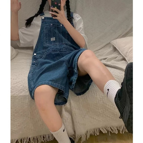 大碼胖mm減齡牛仔背帶褲女夏季日系復古寬松小個子五分闊腿短褲潮