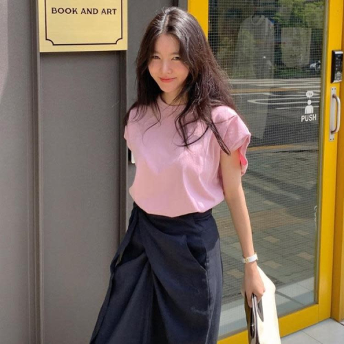 DearGod正韓女裝夏季洋氣減齡時尚套裝女粉色蝙蝠袖寬松T恤 不規則褶皺長款半身裙
