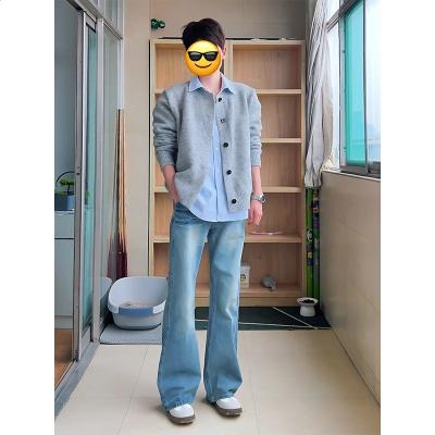 張凌赫同款穿搭淺藍色彎刀牛仔褲人夫感穿搭男生何蘇葉微喇叭褲子