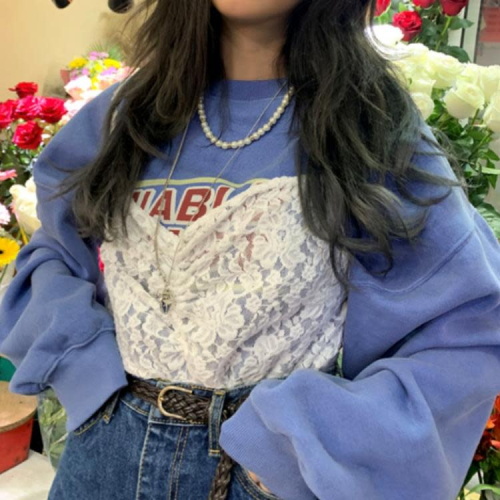 DearGod正韓女裝韓國chic冬季甜美減齡圓領套頭寬松長袖衛衣女 外搭蕾絲吊帶背心