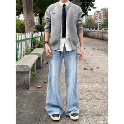 cleanfit淺藍色彎刀牛仔褲男春季張凌赫同款褲子顯腿長闊腿微喇褲