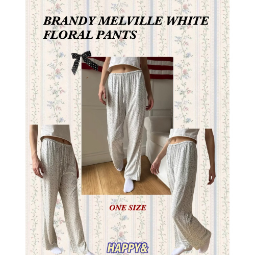 Brandy Melville白色藍色碎花抽繩綁帶直筒長褲舒服寬鬆居家褲