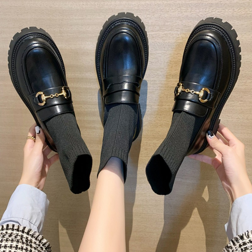 厚底連襪靴女短靴彈力復古春秋中筒飛織襪子靴瘦瘦靴樂福鞋小皮鞋